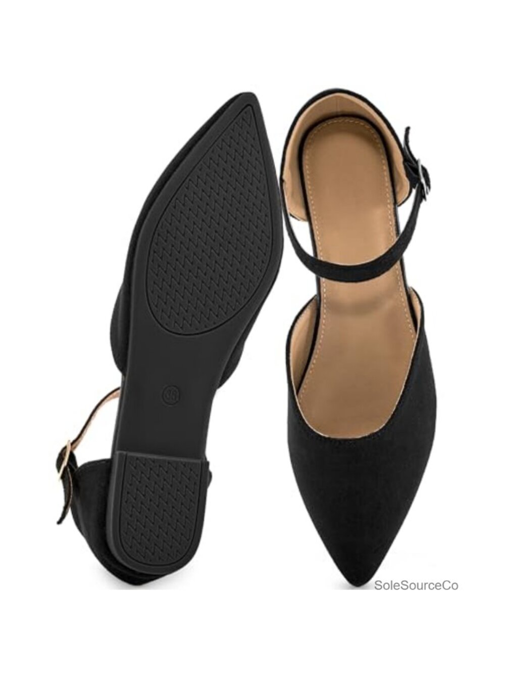 Womens Dressy Pointed Toe Ballet Flats with Ankle Strap, Faux Suede